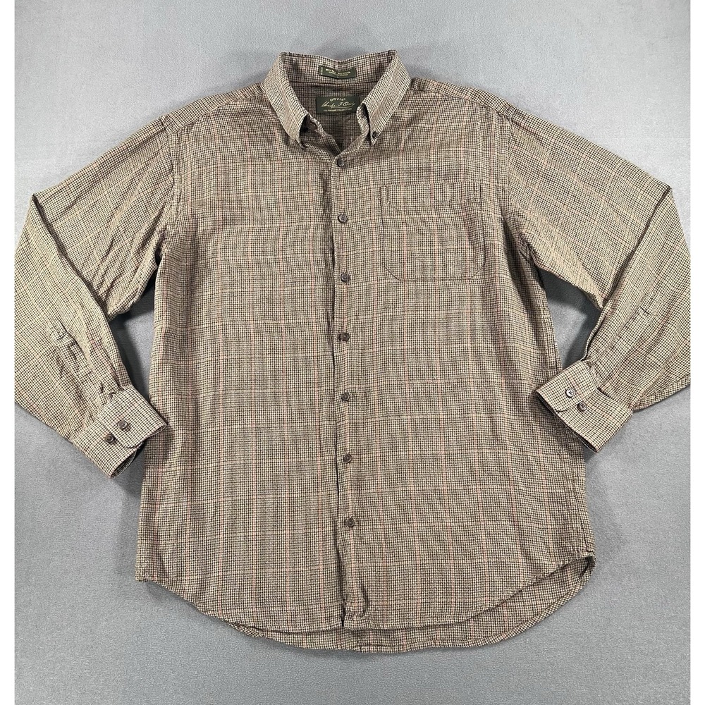 ORVIS Large Signature Plaid Silk Wool Long Sleeve Button Down Shirt Brown